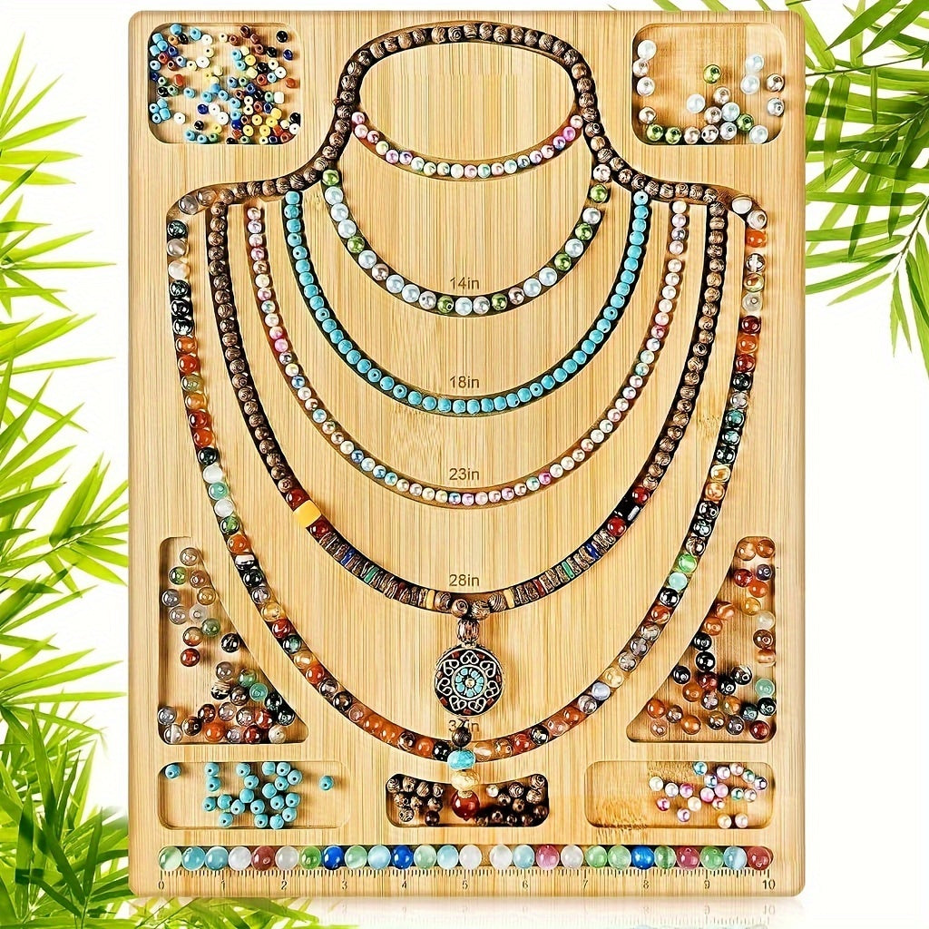 Bamboo Bead Design Board, Apricot Jewelry Layout Tray with Engraved Measurement Markings and Storage Grooves for Planning Bracelets and Necklaces
