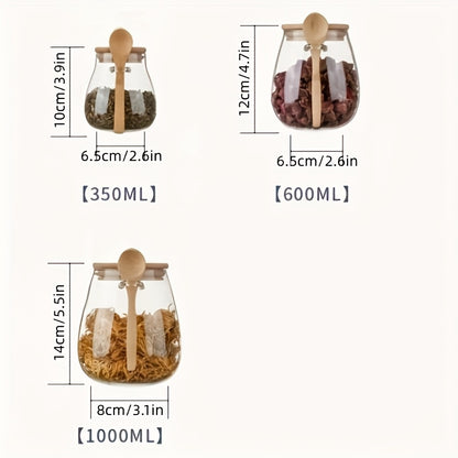 Glass Storage Jar with Spoon, Single Sealed Kitchen Canister in 350ml, 600ml or 1000ml Options for Coffee, Sugar, Tea, Salt, Candy and Spice Organization