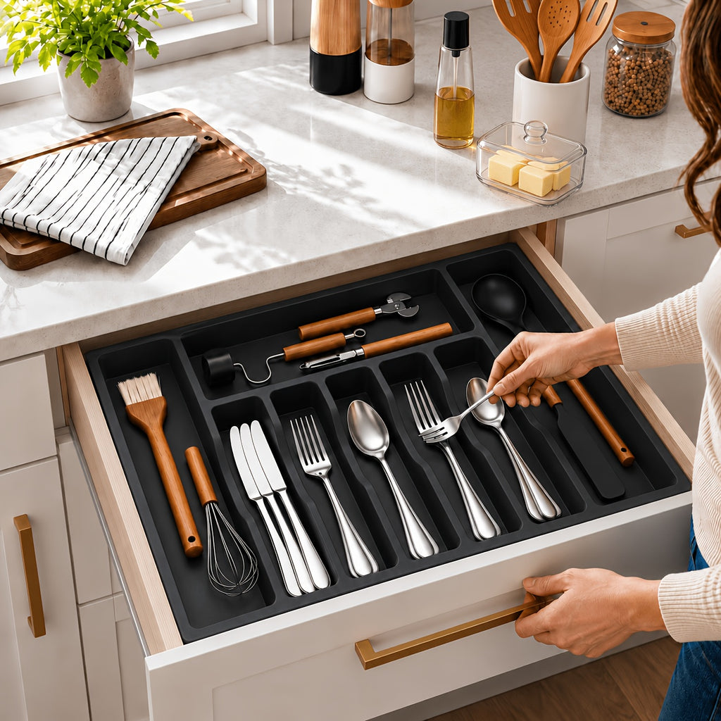 Expandable Silverware Drawer Organizer, BPA-Free Adjustable Plastic Cutlery Tray in Black or White for Kitchen Spoon, Fork and Knife Storage