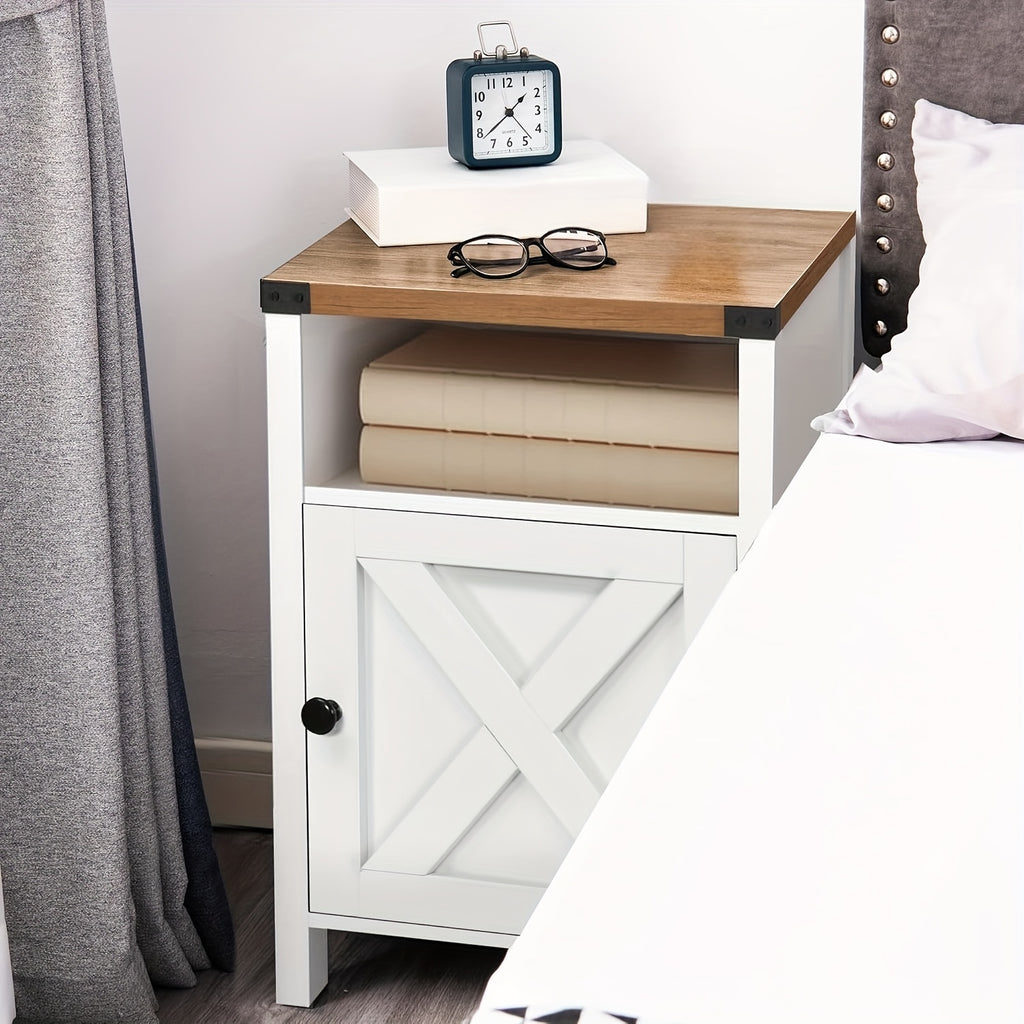 Farmhouse Nightstand by OAKSTEAD with Barn Door and Shelf, Five Colors and Single or Two-Table Packs for Bedside Essentials, Living Room and Entryway Storage