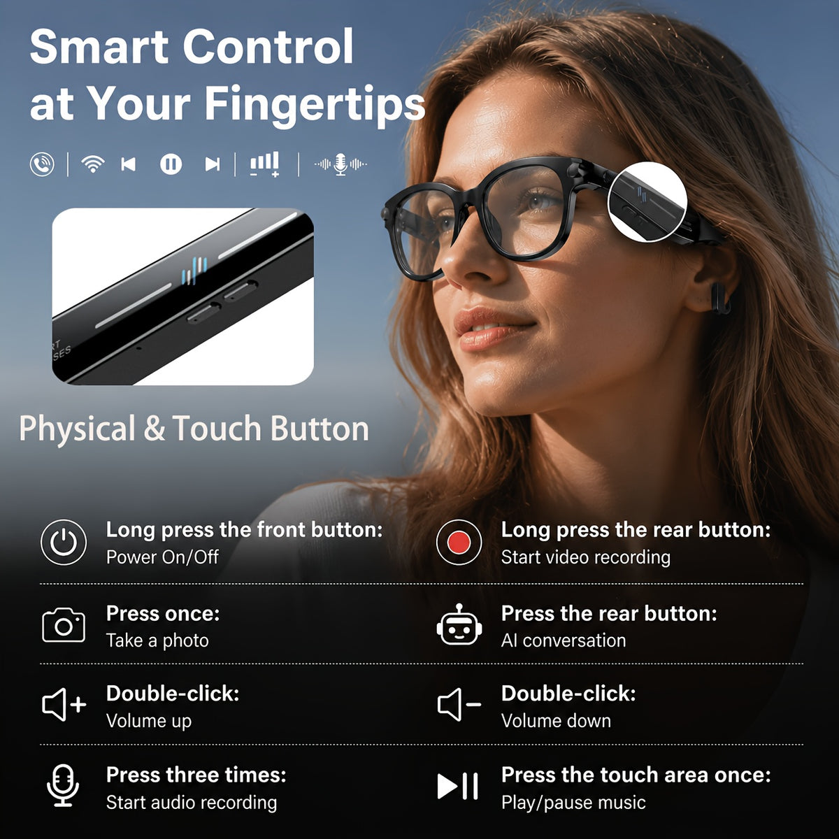 Photochromic AI Smart Glasses with Listed 8MP Camera and EIS, Live Translation, Object Recognition, Voice Control and Open-Ear Music in Unisex Black