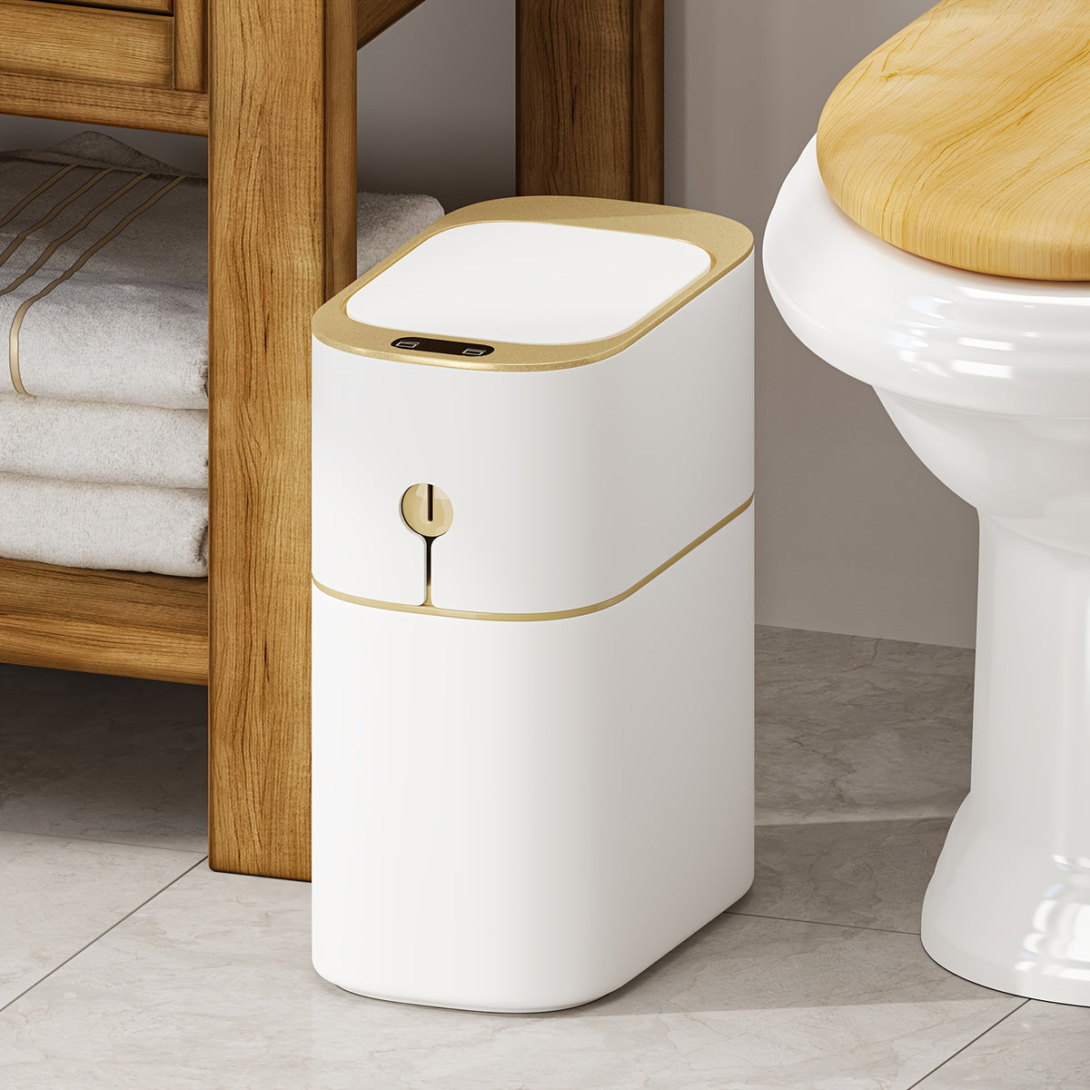 Golden-Accent Sensor Trash Bin with Listed 4-Gallon Capacity and Automatic Lid, One- or Two-Piece Options for Bathroom, Bedroom and Office Waste Storage, Batteries Excluded