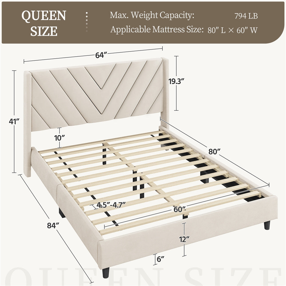 Velvet Platform Bed Frame by Costoffs with Wingback Headboard and Geometric Stitching, Wooden Slat Support, No Box Spring Needed, Twin to King Options