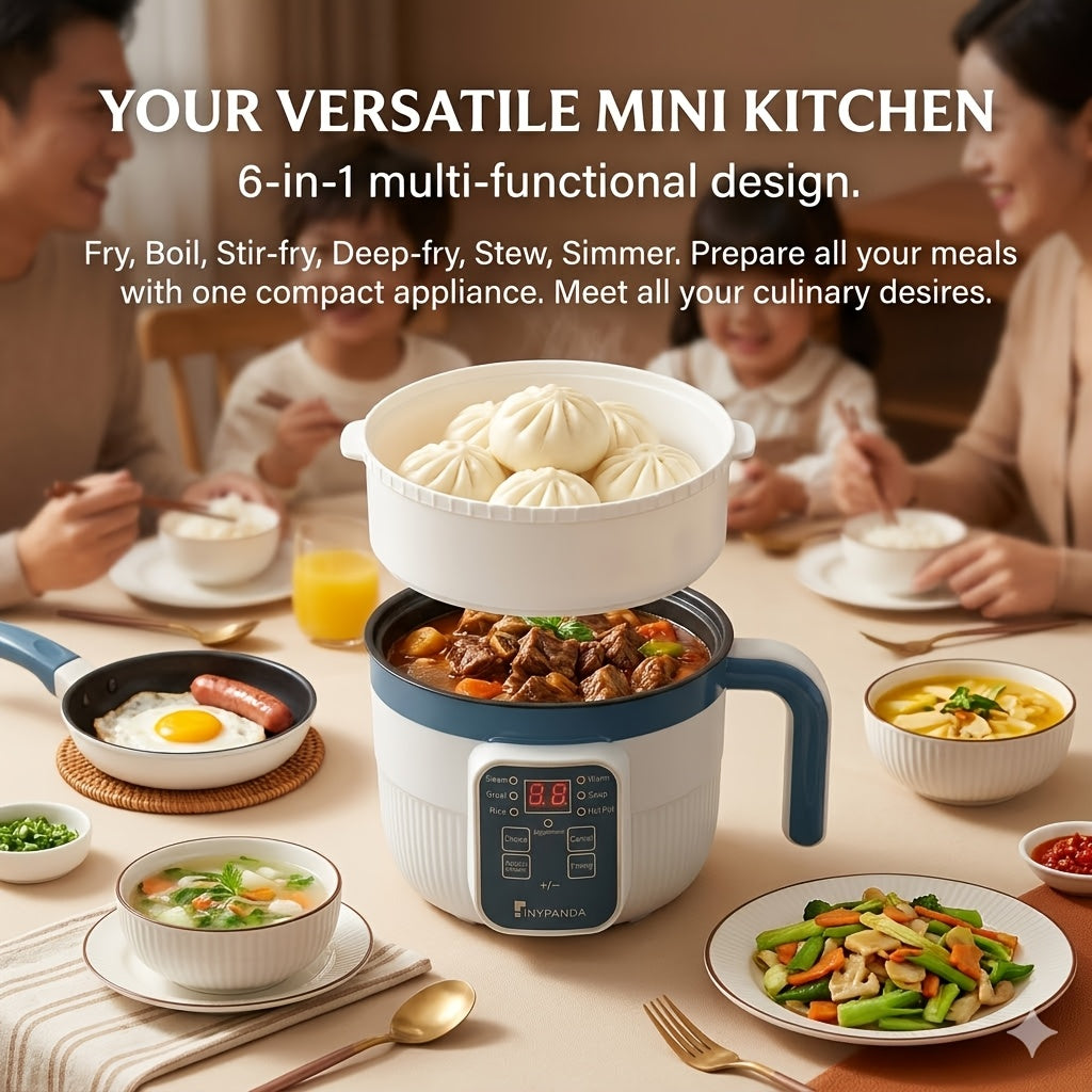 Multifunctional Electric Cooking Pot, Smart Mini Steamer and Frying Pan with 6 Cooking Modes, Double-Layer Non-Stick Interior and Overheat Protection, All-in-One Cooker for 1-2 People