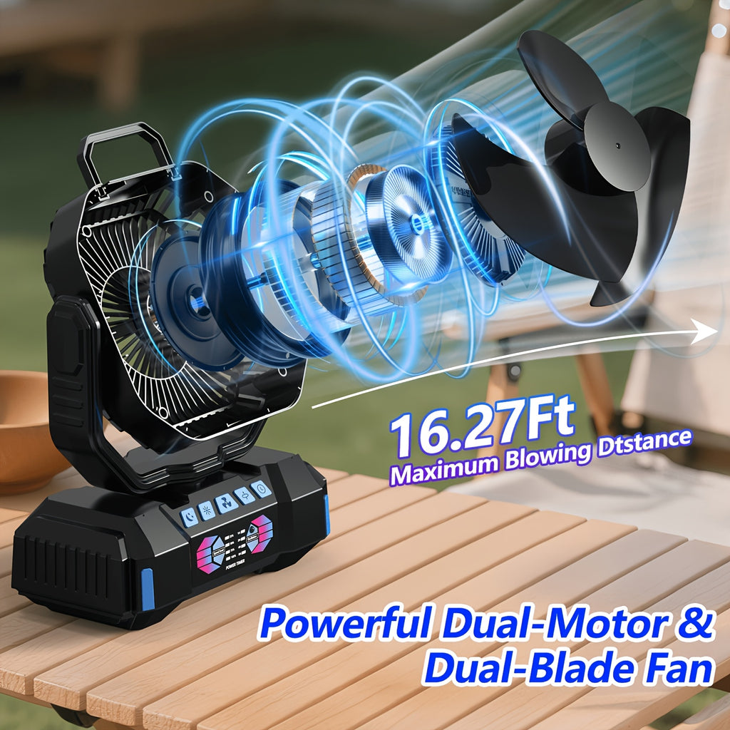 F6 Camping Fan with Four Speeds, Five-Level LED Light, Timer and Power Bank Function, Listed 40000mAh Model in Blue, Green or Orange for Tent and Home Use