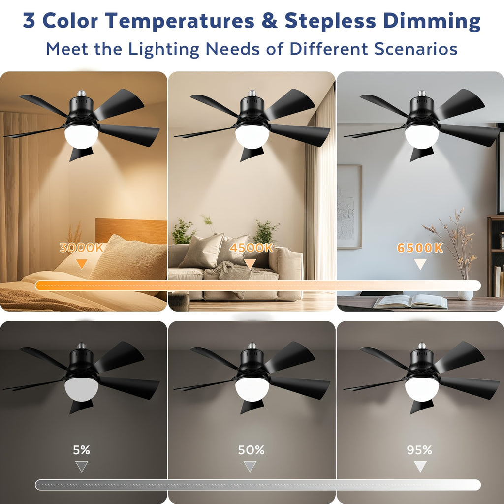 Black Screw-In Socket Fan Light, 20.5-Inch Ceiling Fan with Remote and Dimmable LED, Listed 2000 Lumens and Three 3000K–6500K Light Tones for Home Rooms