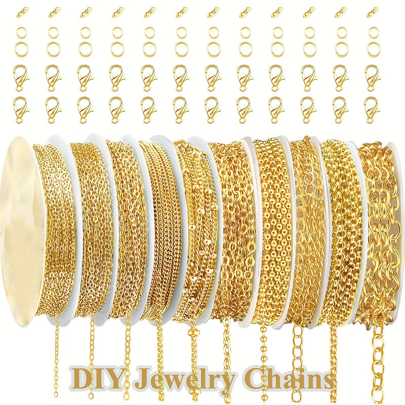 Assorted Jewelry Making Chains in 10 Styles, Stainless Steel Chain Supplies in Golden or Silvery Colors for DIY Necklaces, Bracelets and Handmade Accessories