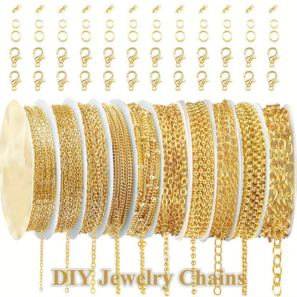 Assorted Jewelry Making Chains in 10 Styles, Stainless Steel Chain Supplies in Golden or Silvery Colors for DIY Necklaces, Bracelets and Handmade Accessories