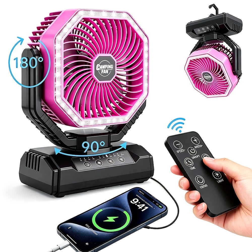 Battery Powered Camping Fan with 20000mAh Rechargeable Battery, Dual Auto Swing, 4 Speeds, 3-Level LED Light, 8-Hour Timer and Hanging Hook for Tents and RV Trips