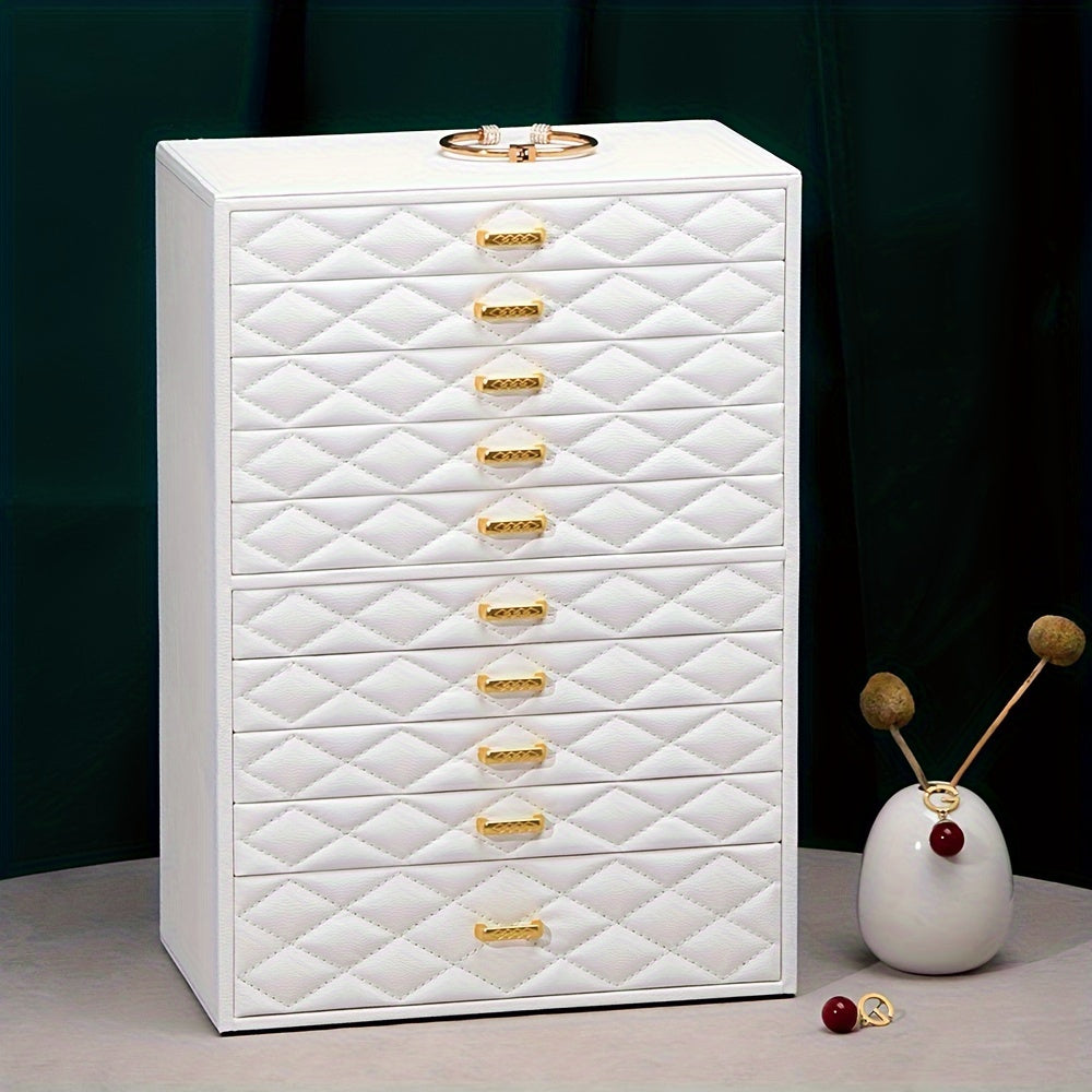 Extra Large Jewelry Box by FEIYAN, 10-Layer Faux Leather Storage Organizer with Drawers and Velvet Lining for Scandinavian-Style Bedroom Organization