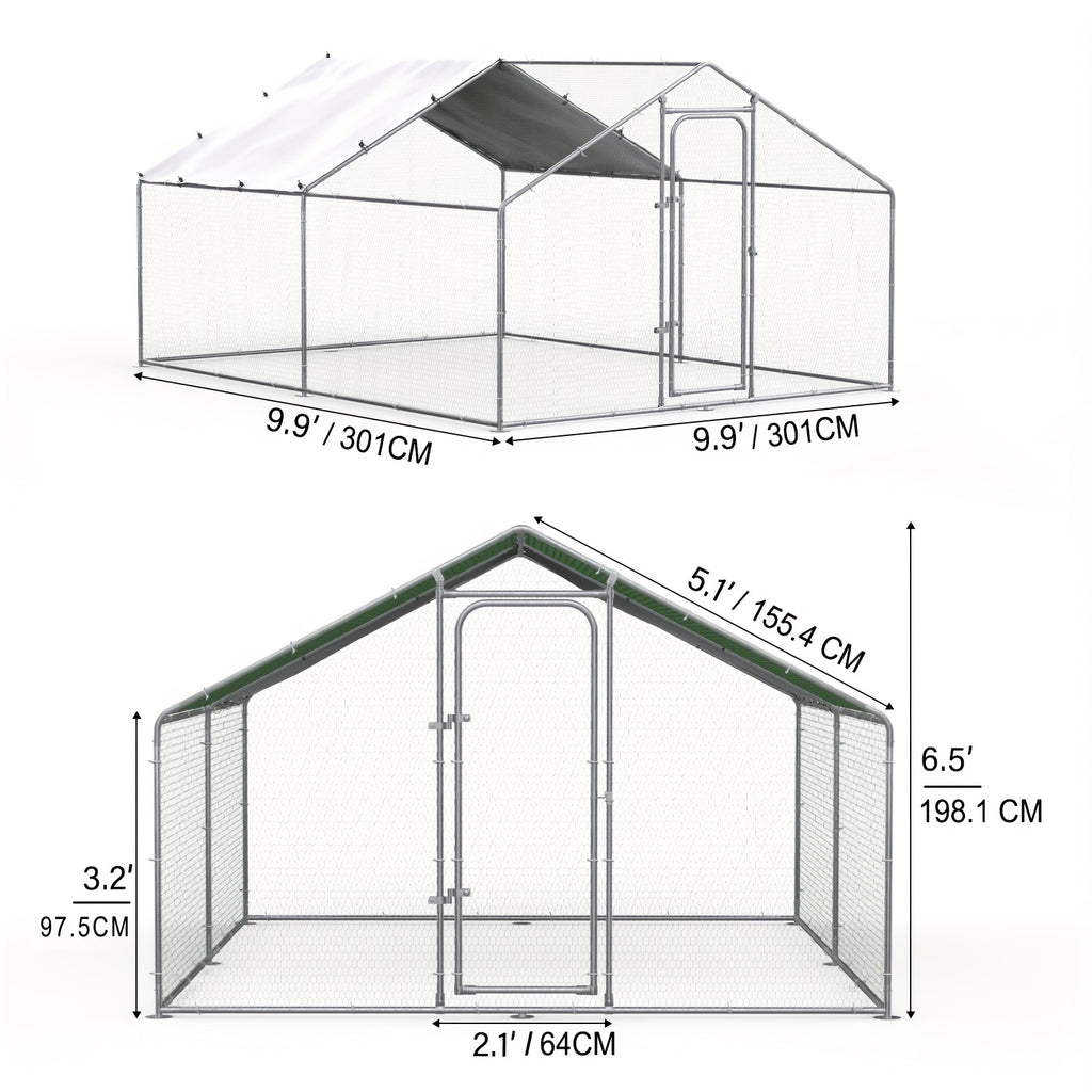 Metal Poultry Run Enclosure by SNDM, Outdoor Chicken Coop Cage with Listed Partial Cover, Mesh Walls, Access Doors and Latches in Three Unit Options