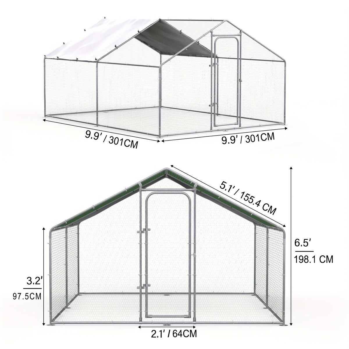 Metal Poultry Run Enclosure by SNDM, Outdoor Chicken Coop Cage with Listed Partial Cover, Mesh Walls, Access Doors and Latches in Three Unit Options