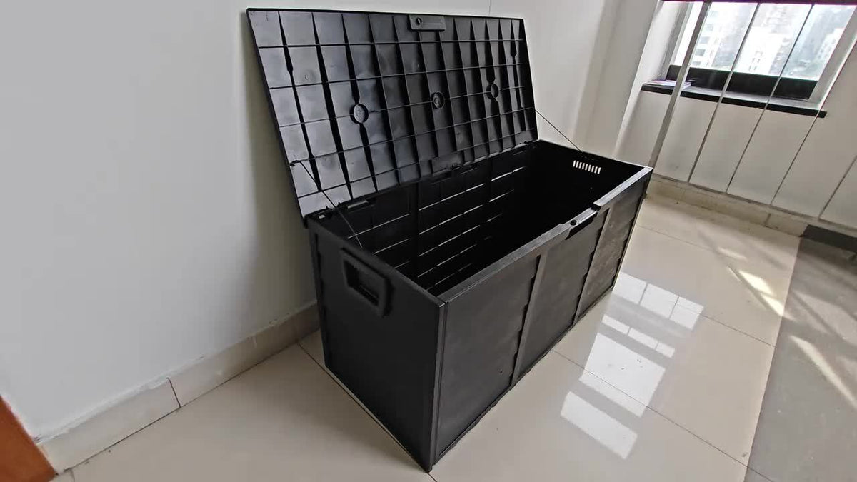Outdoor Deck Storage Box in Black with Listed 75-Gallon Capacity, Locking Hole and Bottom Casters for Organizing Compatible Patio, Porch and Garden Essentials