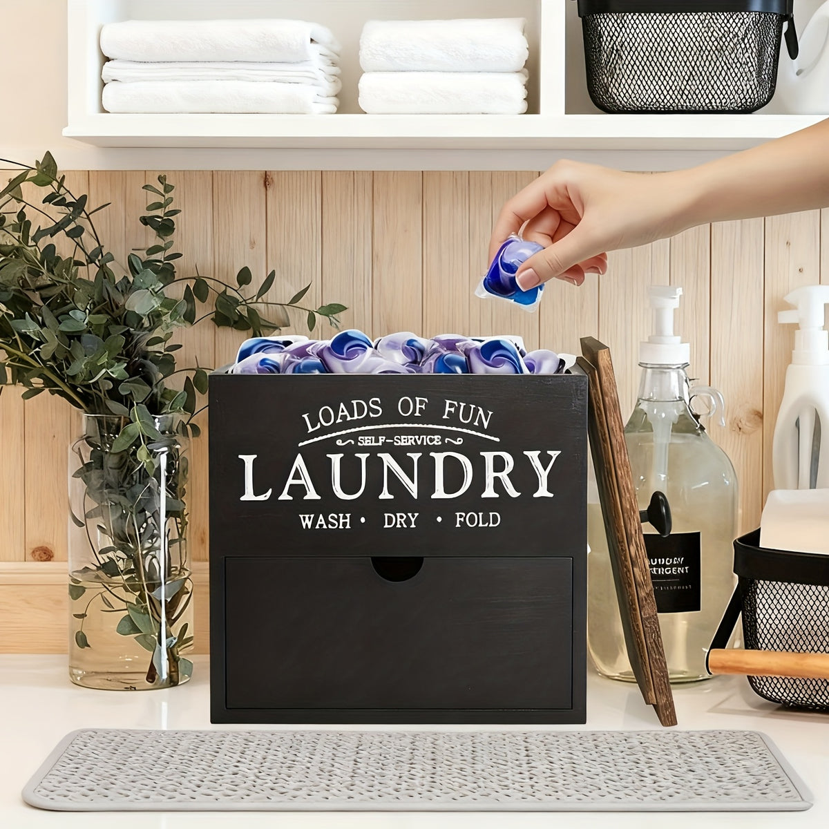 Wooden Dryer Sheet Holder by MONDRAME with Drawer and Lid, Farmhouse Laundry Room Organizer for Wall Mount or Countertop Placement in Black or White Options