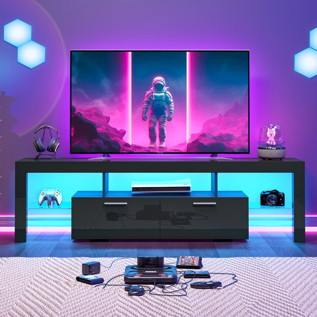 Black LED TV Stand with Listed 51-Inch Length and Single Storage Drawer, Modern Entertainment Media Console for Living Room, Bedroom and Game Room Organization