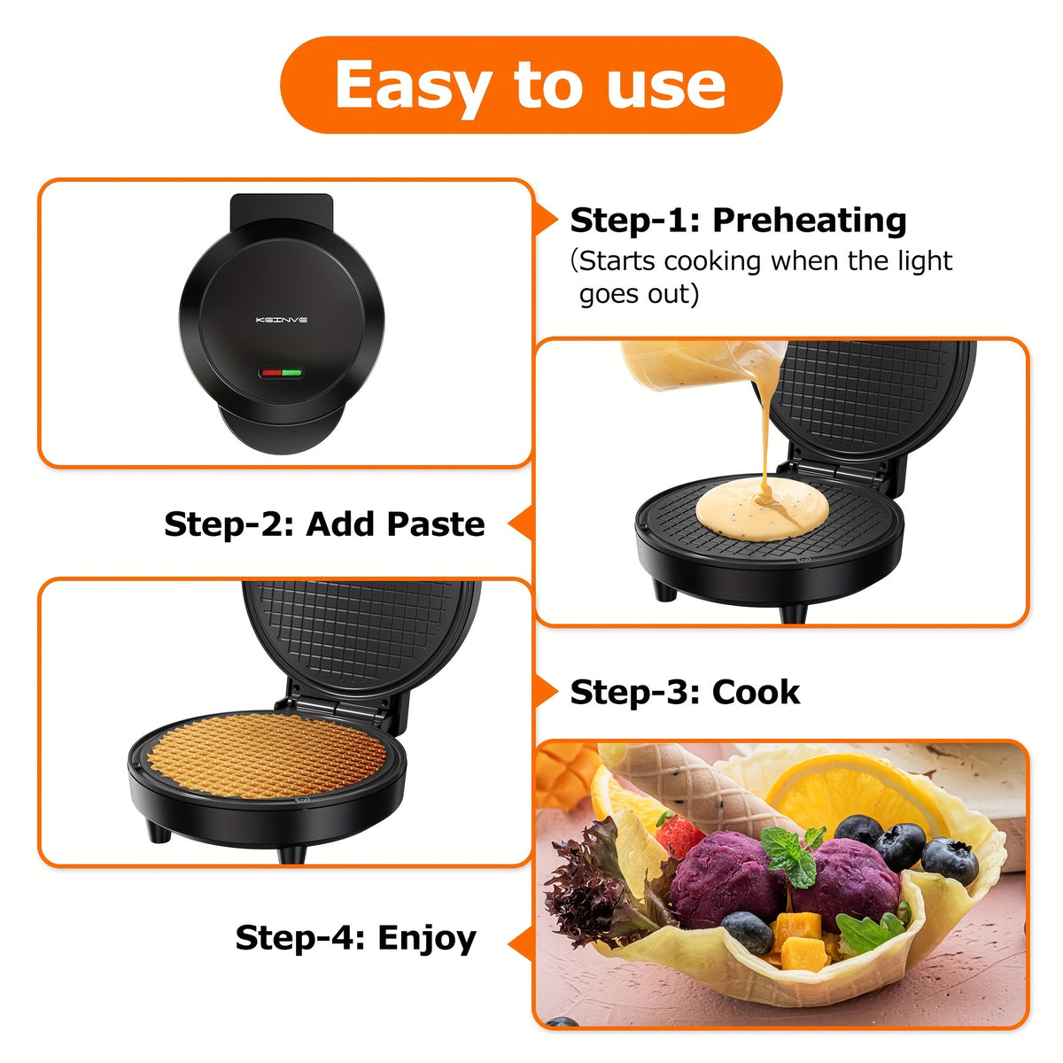 Ice Cream Waffle Cone Maker 6.8-Inch, Electric Nonstick Waffler Iron with Overheat Protection for Homemade Ice Cream Cones, Dessert Bowls and Parent-Child Baking Activities, Kitchen Appliance for Kids and Family