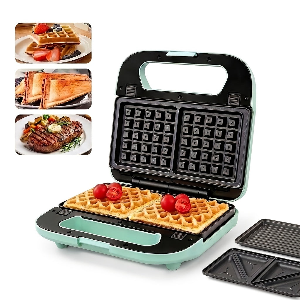 Three-in-One Sandwich and Waffle Maker with Listed 750W Power and Removable Nonstick Plates, Teal and Three-Plate Option Labels for Home Kitchen Meal Preparation