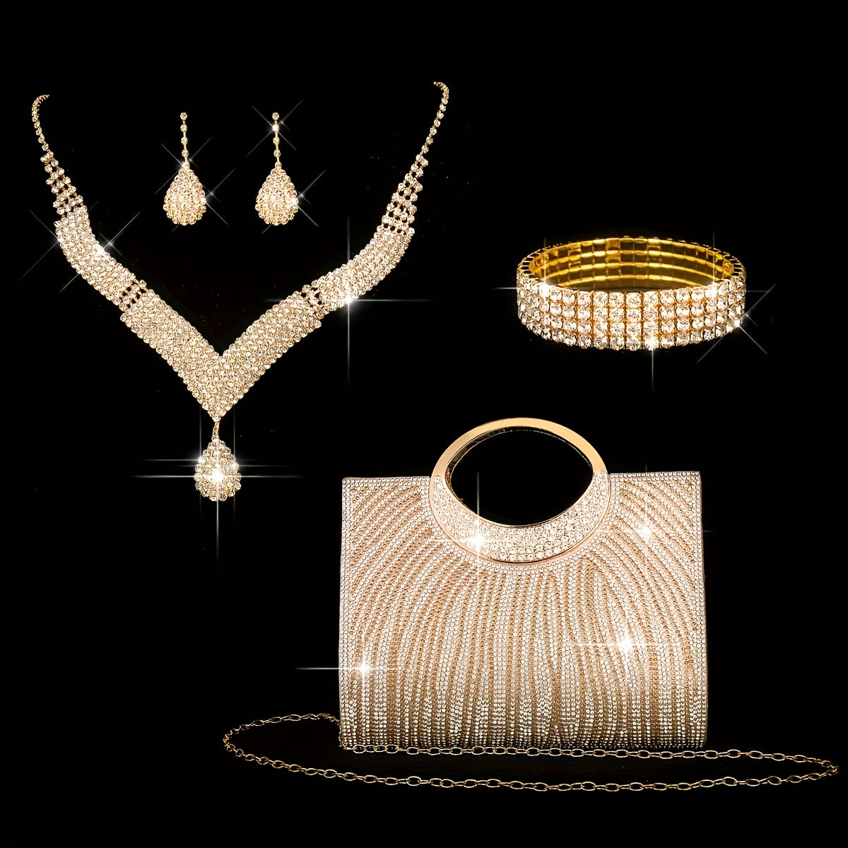 Evening Bag and Jewelry Set for Women, 4-Piece Sparkling Striped Handbag with Necklace, Earrings and Bracelet for Weddings, Bridesmaids and Formal Parties