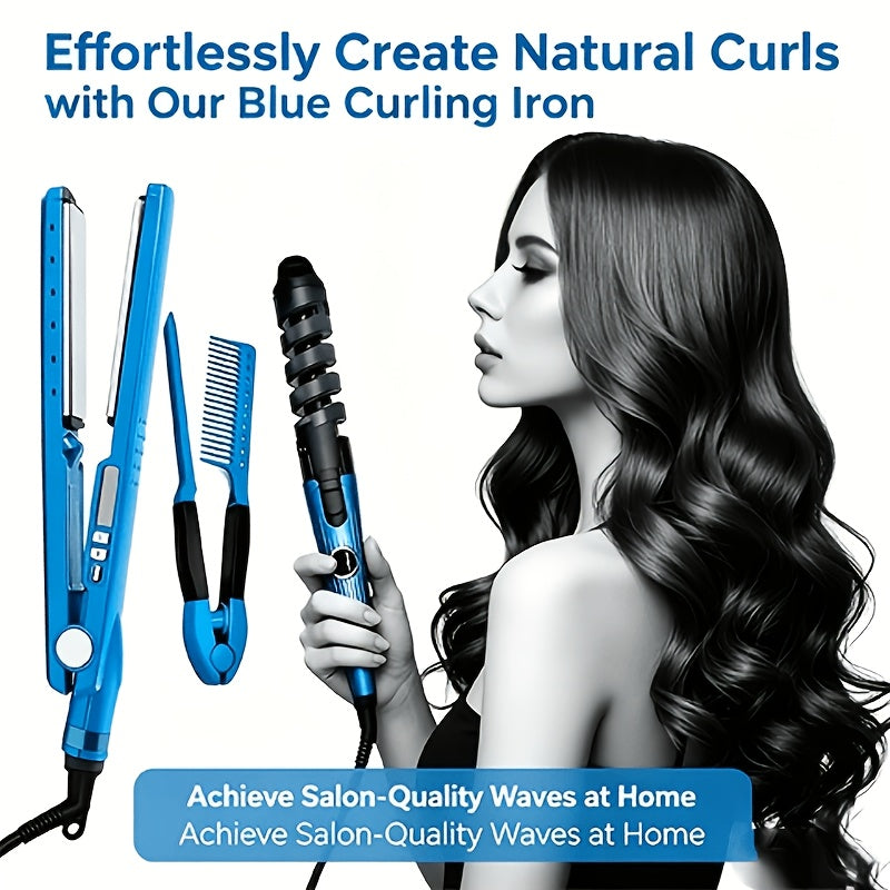 Flat Iron and Curling Iron Hair Styling Set with Comb, Upgraded Three-in-One Kit for Straight Hair, Curls and Wave Styling Routines, Birthday or Mother's Day Gift Idea