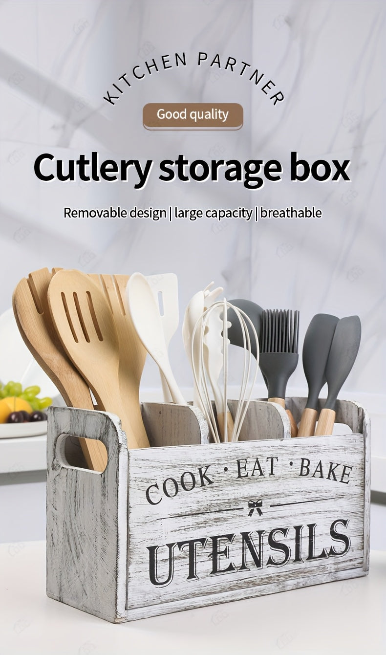 Wooden Kitchen Utensil Holder by LDQ, Rustic Countertop Organizer in Black or White with Two-Compartment Options for Forks, Spoons and Whisks