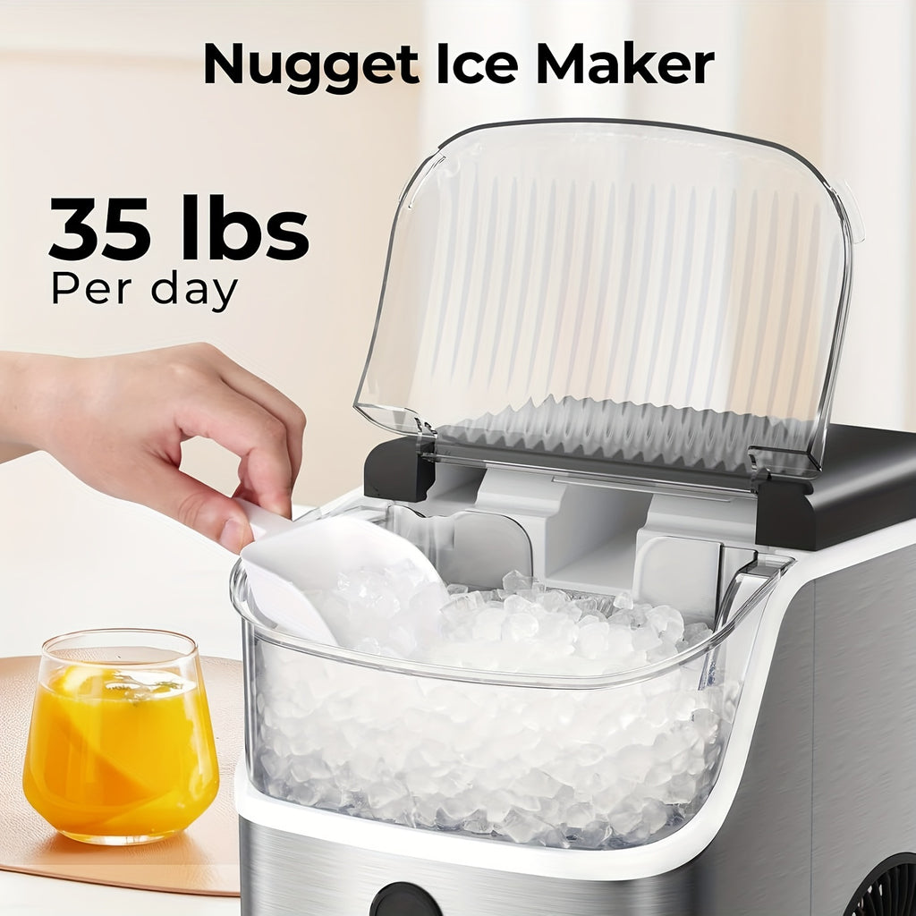 Self-Cleaning Nugget Ice Maker for Countertops with Listed 35lb Daily Output, Ice Scoop and Basket, Stainless Steel Options for Home Kitchen Drinks