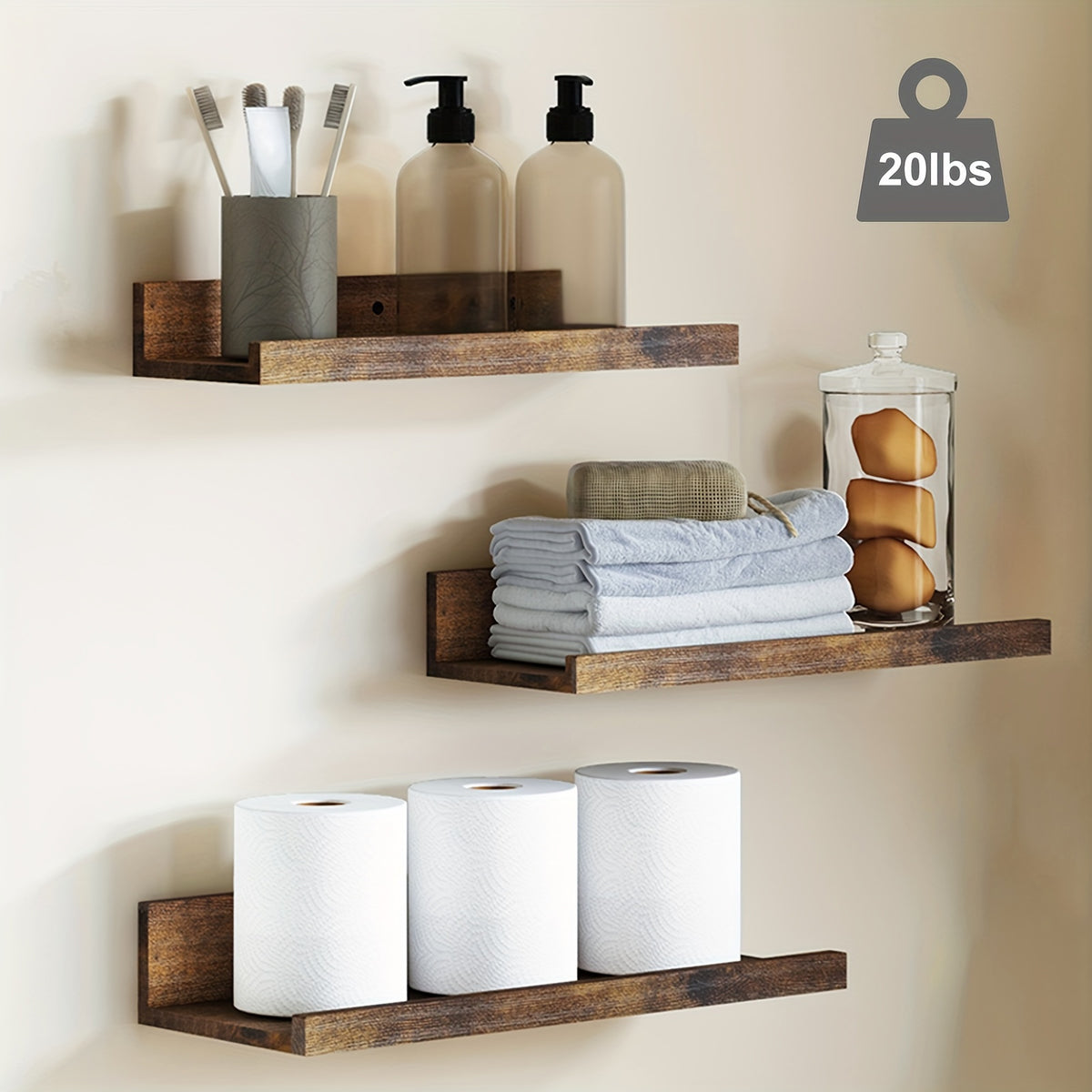 Six-Size Floating Wall Shelf Set with White, Brown or Black Options, Six Listed Wall-Mounted Shelves for Bedroom Organization and Decorative Home Displays
