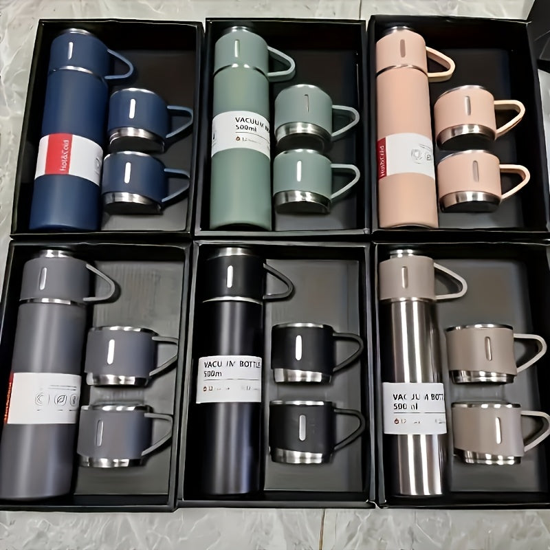 Insulated Bottle and Cup Set with Listed 500ml Stainless Steel Bottle and Three Small Cups, Six Color Options for Work, School and Everyday Beverage Carry