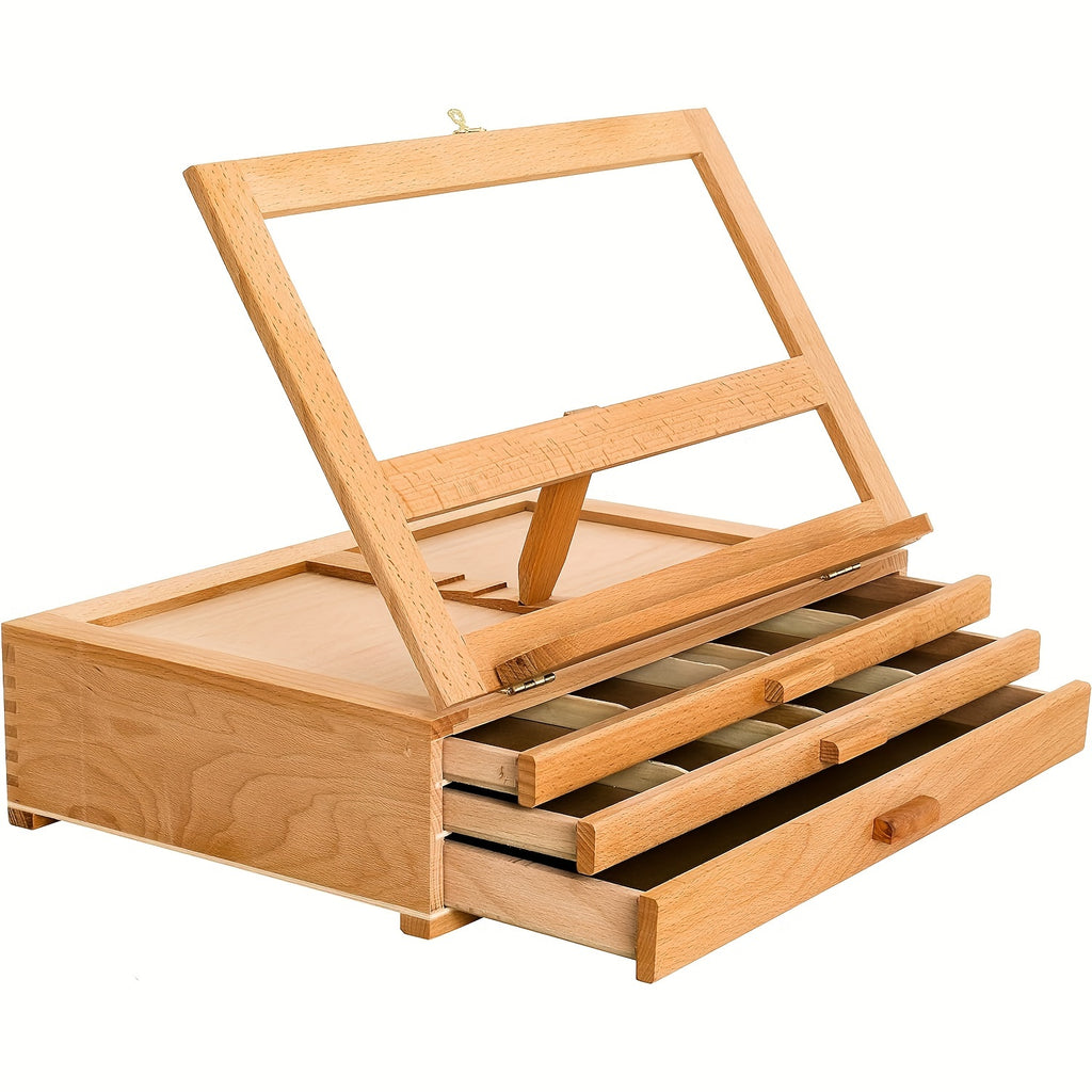 Three-Drawer Easel Storage Box in Beechwood, Adjustable Desktop Artist Organizer and Book Stand for Painting Supplies, Reading and Home Art Spaces