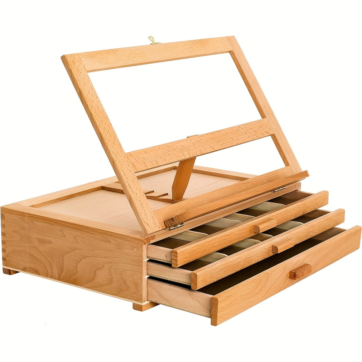 Three-Drawer Easel Storage Box in Beechwood, Adjustable Desktop Artist Organizer and Book Stand for Painting Supplies, Reading and Home Art Spaces