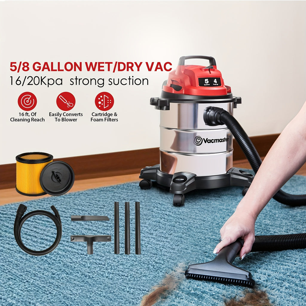 Shop Vac Stainless Steel Wet Dry Vacuum 5 Gallon/8 Gallon, 16KPa/20KPa Powerful Suction with Blower, 90/103 CFM and 10ft Power Cord for Dog Hair, Garage, Car Detailing, Home, Workshop and Job Site Cleanup
