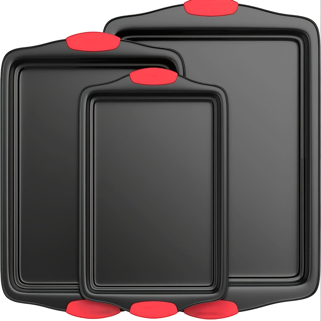 Baking Pan Set with Red Silicone Handles, 3-Piece Gray Carbon Steel Oven Bakeware with Listed Interior and Exterior Nonstick Finish for Home Baking