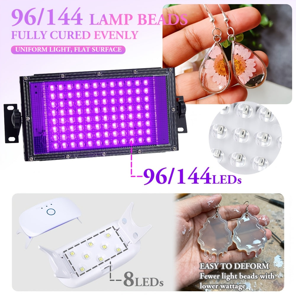 Stand-Equipped Resin Curing Lamp in Black with 96 or 144 LED Option Labels, One-Button Craft Light for Compatible Light-Curing Resin Jewelry and Mold Projects