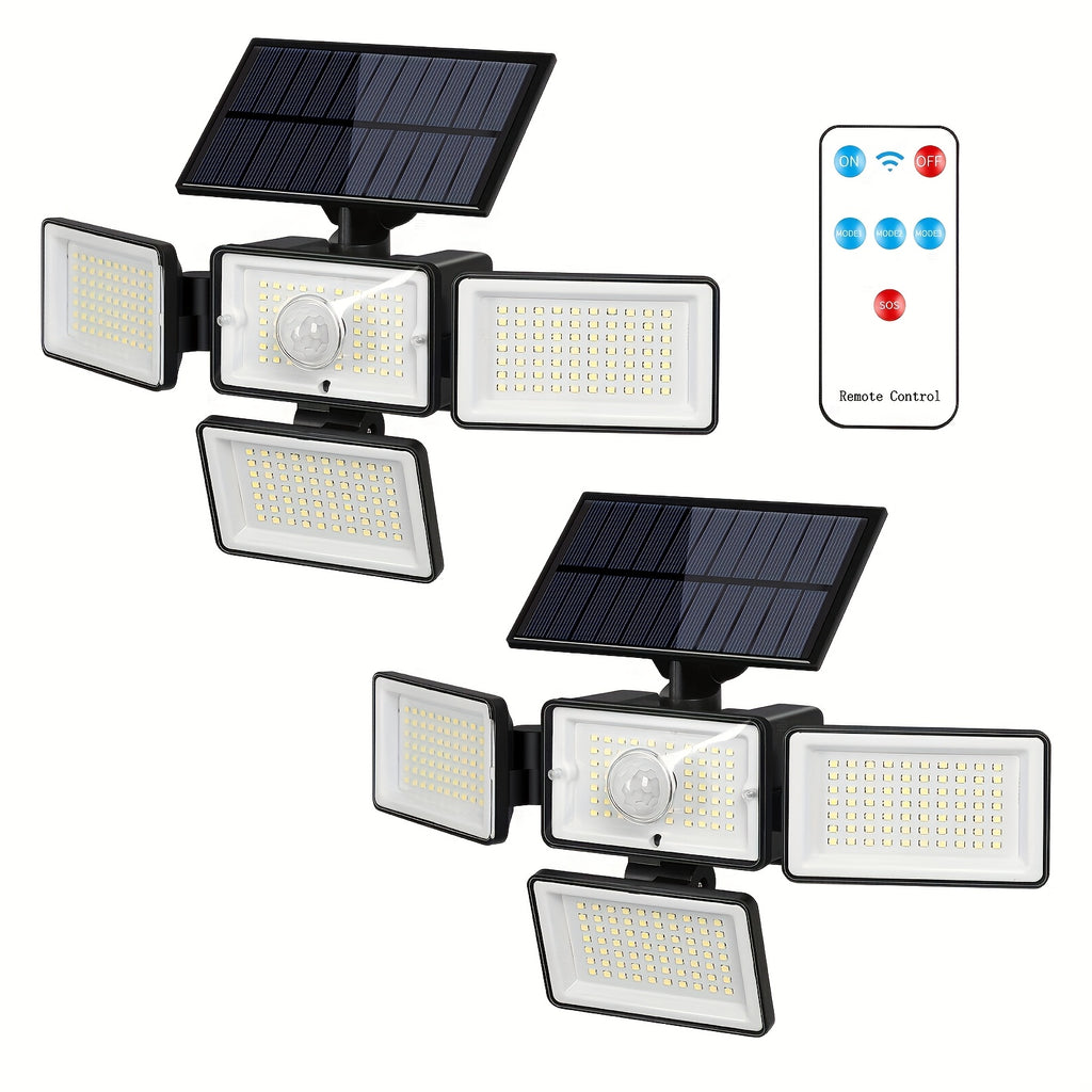 Four-Head Solar Motion Sensor Outdoor Lights, 2-Pack 288 LED Floodlights with Remote Control, 4 Lighting Modes and IP65 Rating for Yard, Patio and Garage