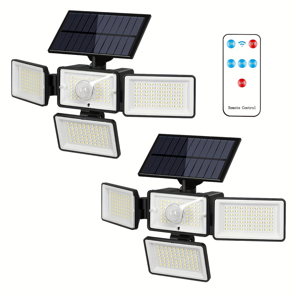 Four-Head Solar Motion Sensor Outdoor Lights, 2-Pack 288 LED Floodlights with Remote Control, 4 Lighting Modes and IP65 Rating for Yard, Patio and Garage