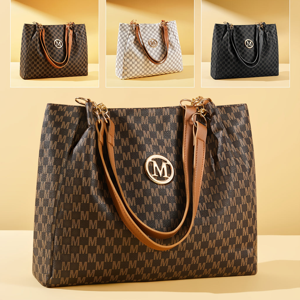 M-Print PU Tote Bag for Women in Black, Vintage-Inspired Shoulder Handbag with Zipper Closure and Hardware Accents for Shopping and Casual Travel