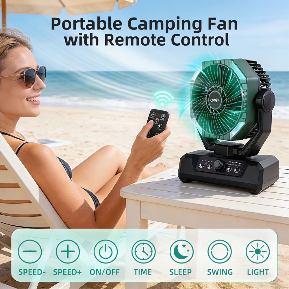 CoolJet Portable Camping Fan with Listed 20000mAh Battery, Variable Speed and 18-LED Light with Three Dimming Levels, Fern Green or Orange Airflow Options