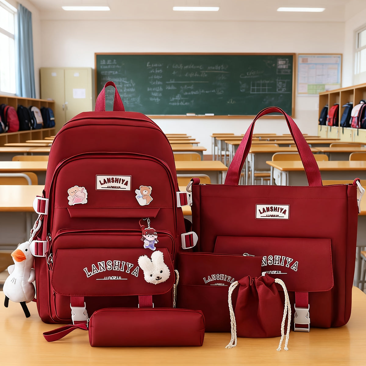 Solid-Color Canvas Backpack Set with Listed Five-Piece Format, Tote, Pencil Bag and Crossbody Wording, Four Pendant-Labeled Color Options for Student Daily Carry