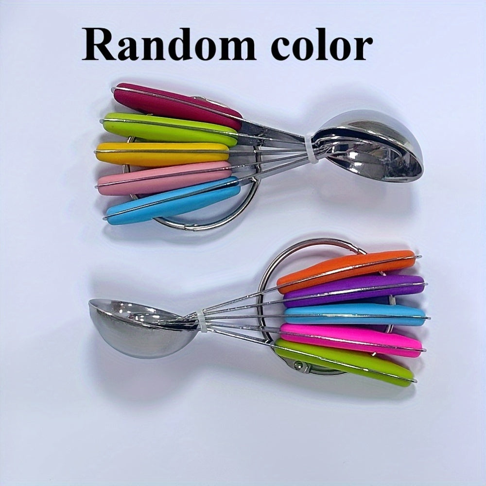 Stainless Steel Measuring Spoon Set with Silicone Handles, Five-Piece Kitchen Measuring Tools in Random Colors for Everyday Home Cooking and Baking Prep