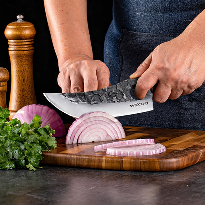 Three Piece Chef Knife Set with Listed 5Cr15MoV Stainless Steel Blades and Hammered Texture for Meat, Fish, Vegetable Preparation and Backyard BBQ Cooking