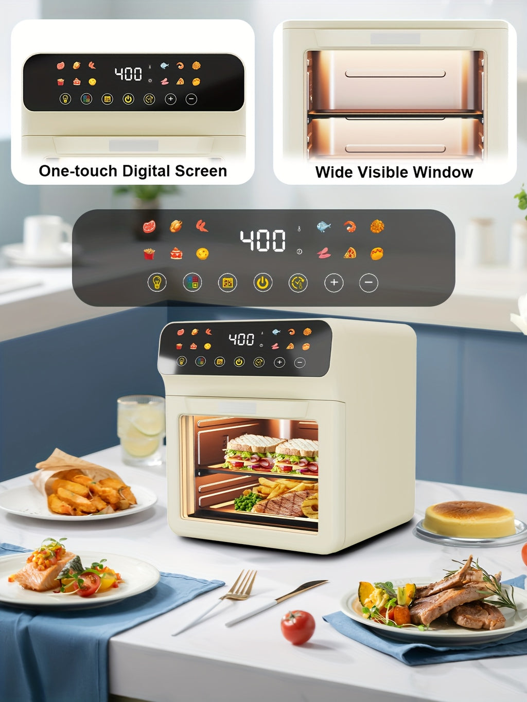 Air Fryer Oven with Listed 12-Quart Capacity, 12 One-Touch Presets, Viewing Window, Interior Light and Two Baking Pans in White or Black for Home Cooking