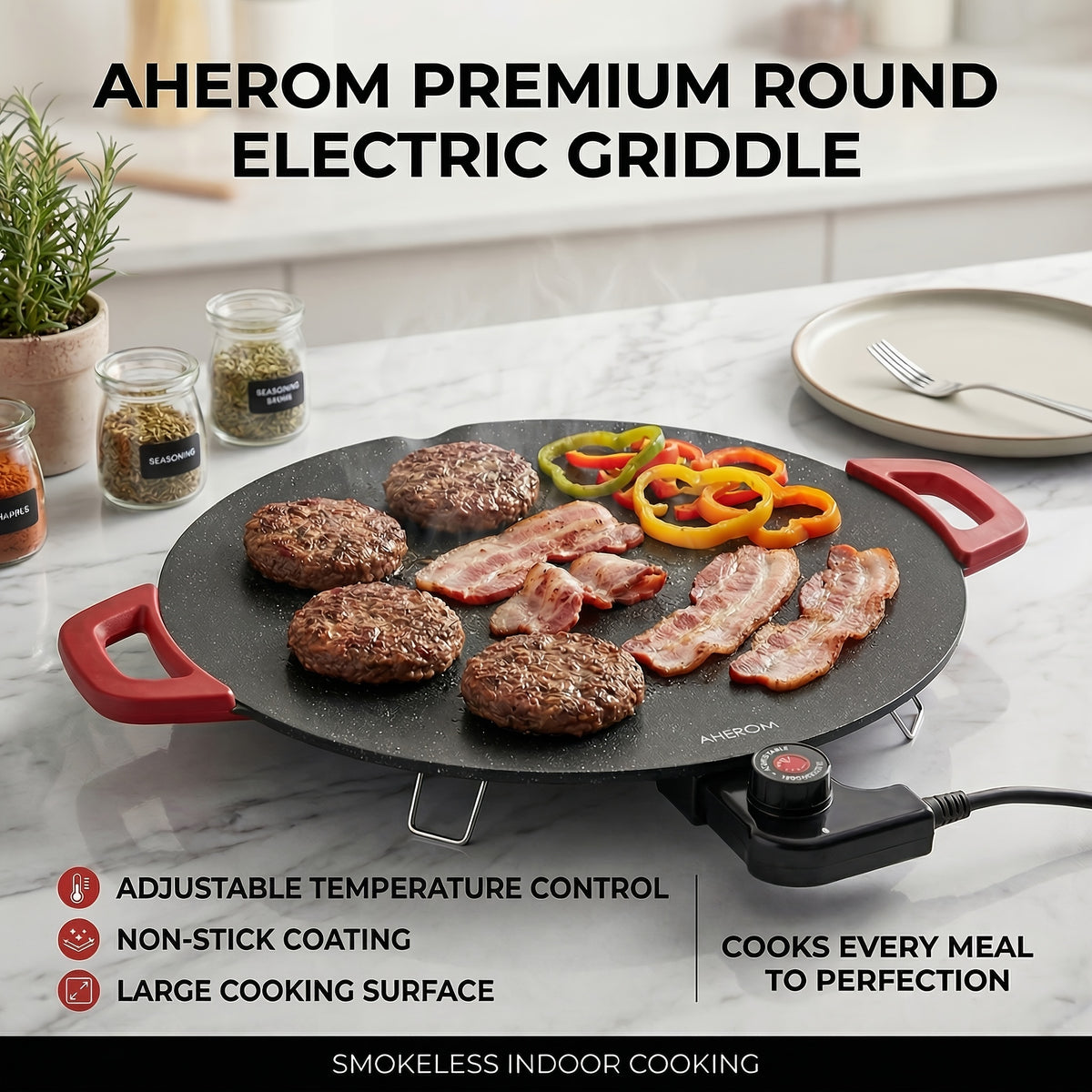 Red-Handle Electric Griddle with Nonstick Cooking Surface and Adjustable Heat Settings for Breakfast, Home BBQ and Family Meals, AR-01 or AR-02 Options