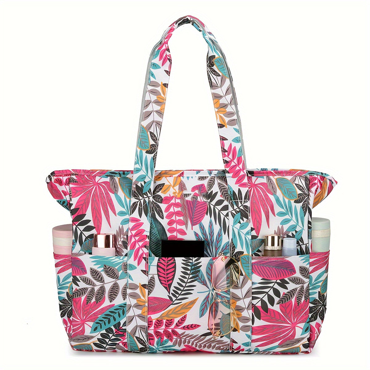 Beach Tote Bag for Women with Wet and Dry Pocket, Pool Swim Carry Bag for Summer Vacations and Travel in Blue Leaf, Red Leaf or Black