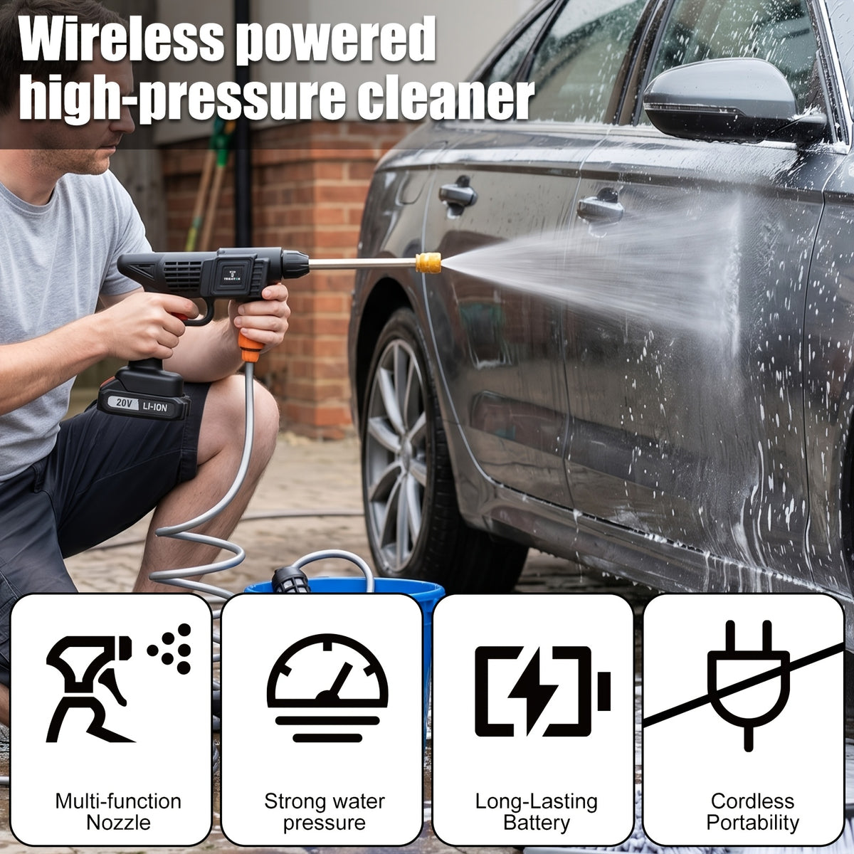 Rechargeable Cleaning Water Gun with Listed 20V Power, One or Two Battery and Upgrade Options, Handheld Spray Tool for Compatible Car Cleaning and Garden Tasks