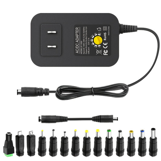 Adjustable AC/DC Power Adapter by ALITOVE, 3V–12V Selectable Output, 30W Maximum, 14 Connector Tips and Listed 5V 2.1A USB Port for Compatible Electronics