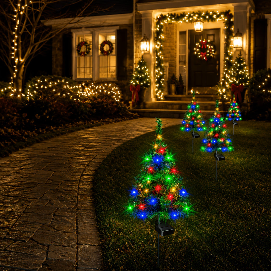 Solar Christmas Tree Lights with Listed IP65 Rating, Plastic Outdoor Holiday Decorations in One, Two or Four-Piece Options for Lawns, Terraces and Balconies