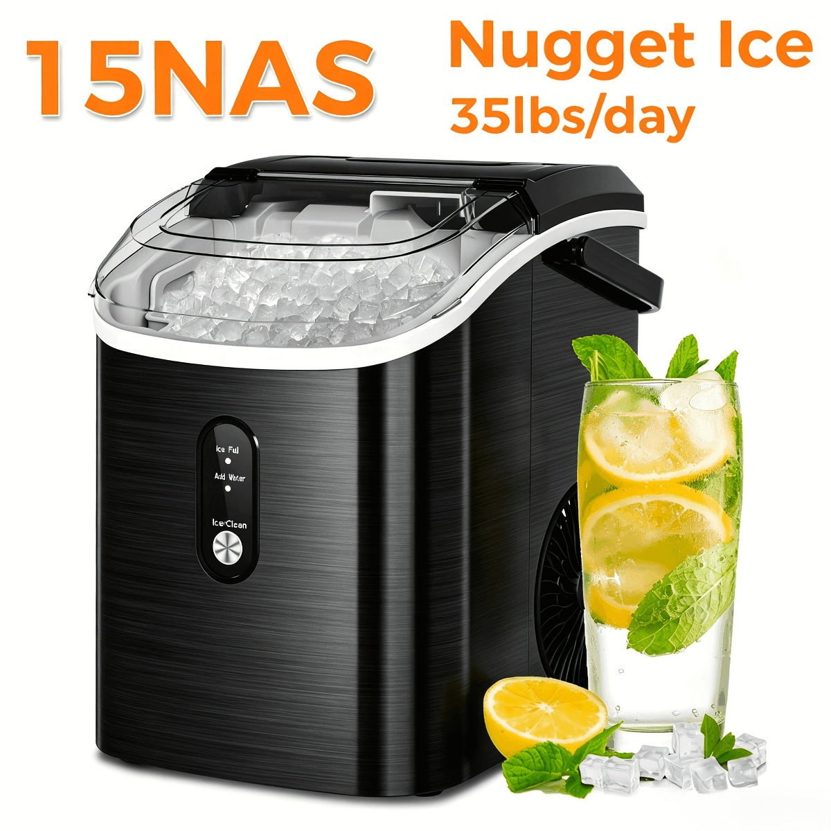Countertop Ice Maker with Black Bullet Ice or Black and Stainless Steel Silvery Nugget Ice Options, Listed 26 or 35lb Daily Output for Home Kitchen Drinks