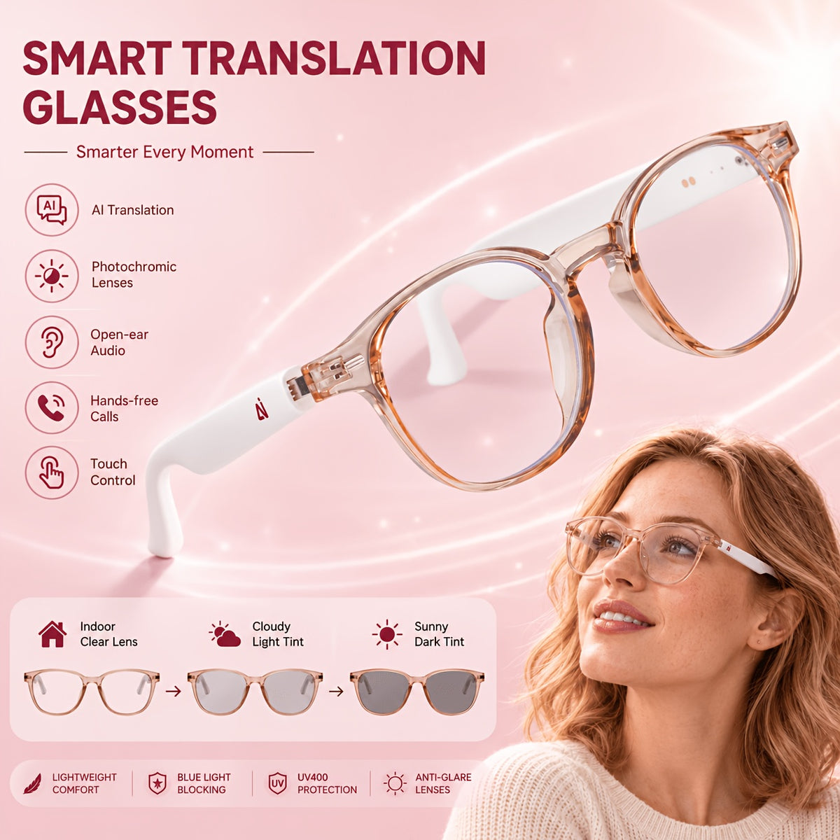 Smart Audio Translation Glasses with Built-In Microphone and Speaker, M09A, YX04 and Translucent Pink Options for Travel Conversations, Calls and Office Use