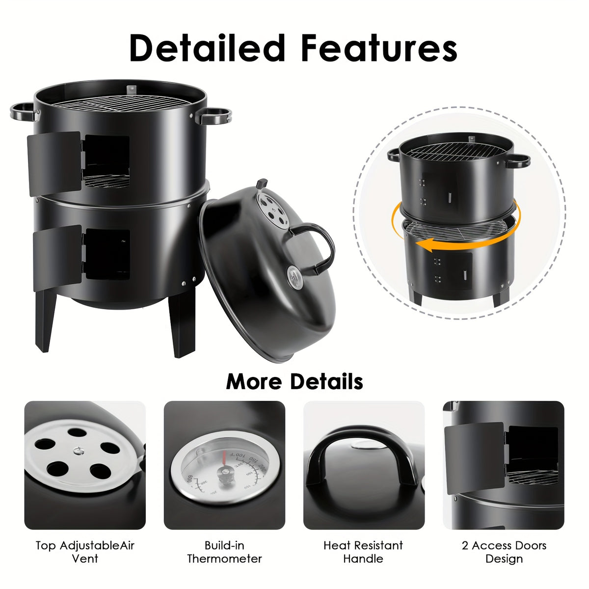 Vertical Charcoal Smoker Grill, Black 16-Inch Three-Tier Outdoor Cooker with Listed 400-Square-Inch Cooking Area and Two BBQ Tongs for Backyard Cookouts
