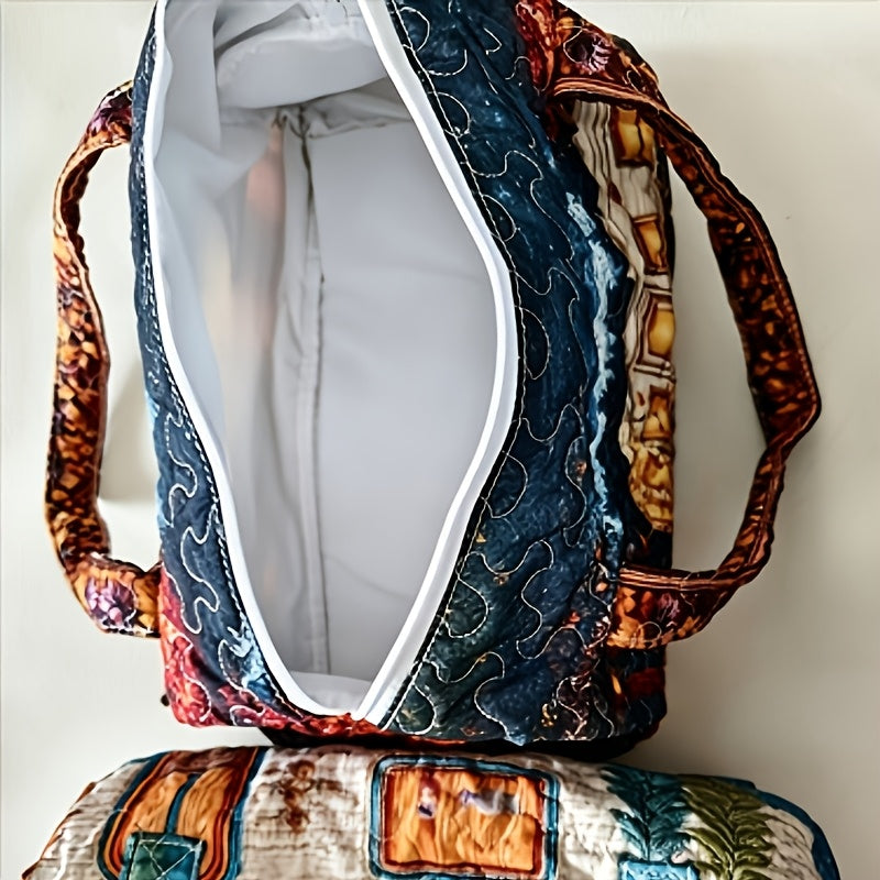 Boho Printed Weekend Travel Bag, Type A Shoulder Strap Tote with Flat Vintage-Inspired Styling for Overnight Trips and Gym Packing, No Sequins or Raised Texture