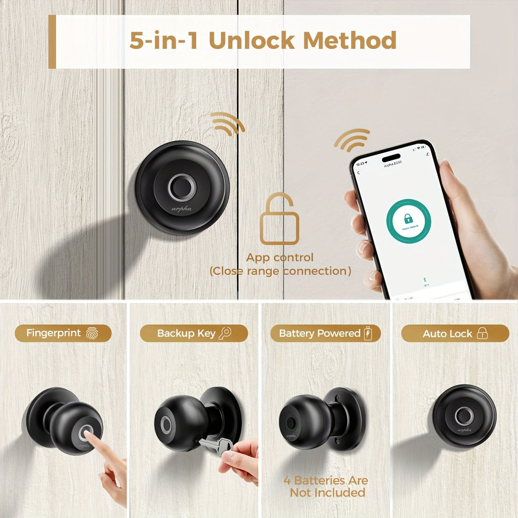 Replaceable-Battery Smart Door Knob by Arpha in Black with Listed Fingerprint, Passcode, Tuya App and Physical Key Access, Passage and Privacy Modes, Battery Excluded